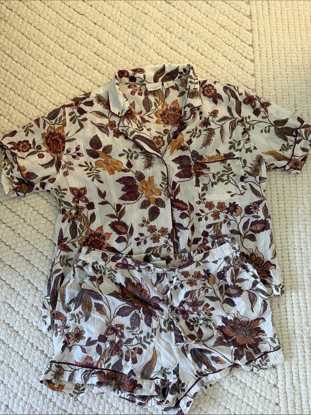 Organic Cotton Floral Two-Piece Lounge Set in Gold and Burgundy